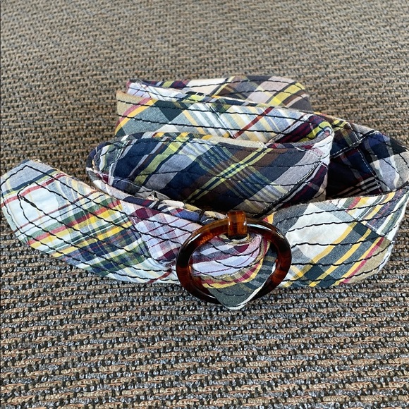 J. Crew Madras Plaid Cotton Belt w/Tortoise Shell Cinch Ring Y2K Vintage M/L - Picture 4 of 6